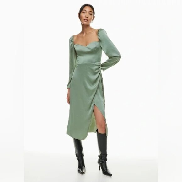 Aritzia Wilfred Anfora Satin Long Sleeve Dress Gallery Green Sage Size 4 - Picture 1 of 9